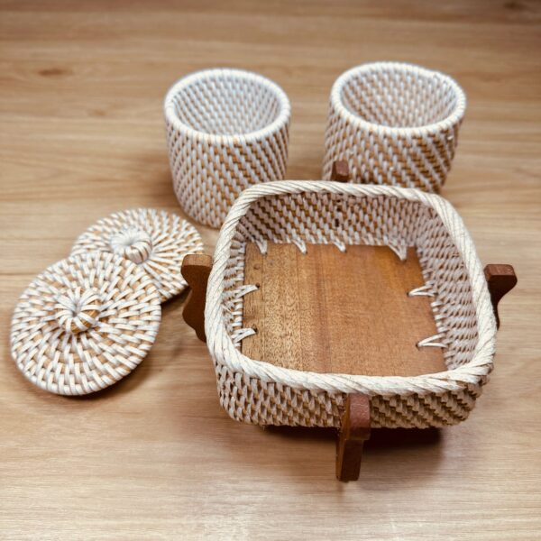 Handcrafted Rattan Basket and Coaster Set on Wooden Table
